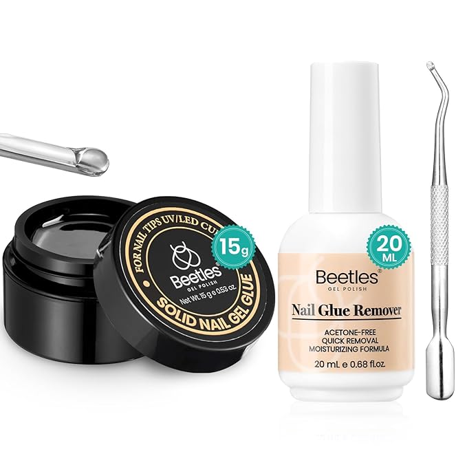 Beetles Solid Nail Glue Gel with 20ml Nail Glue Remover Set 15g for Press On Nails Acrylic Nails Tips U V Light Cured & Solid Glue Remover- Not for Uv Gel Glue