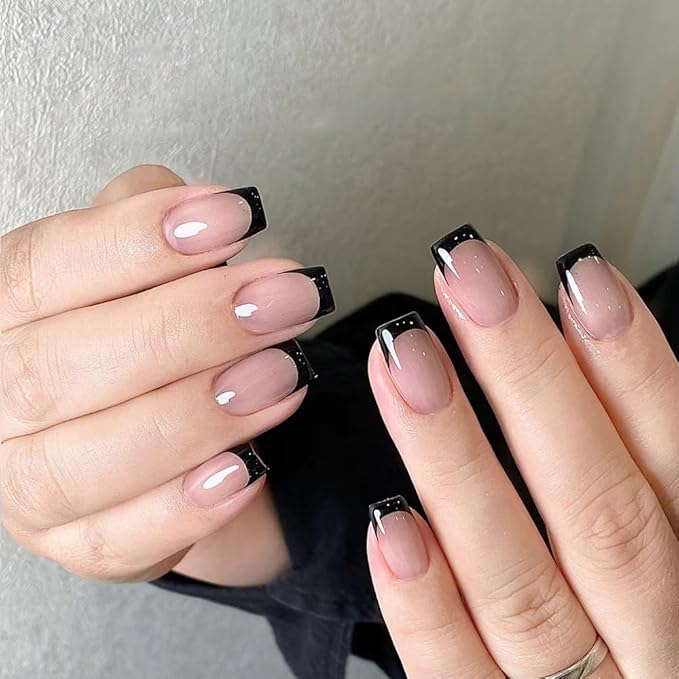 Nude+Black French Tips Press on Nails, Short Square Acrylic Fake Nails Design, Natural Reusable Glue-On Nails Kit for Women DIY False Nail Art Decoration Gift, Salon Quality Reusable 32 Pcs