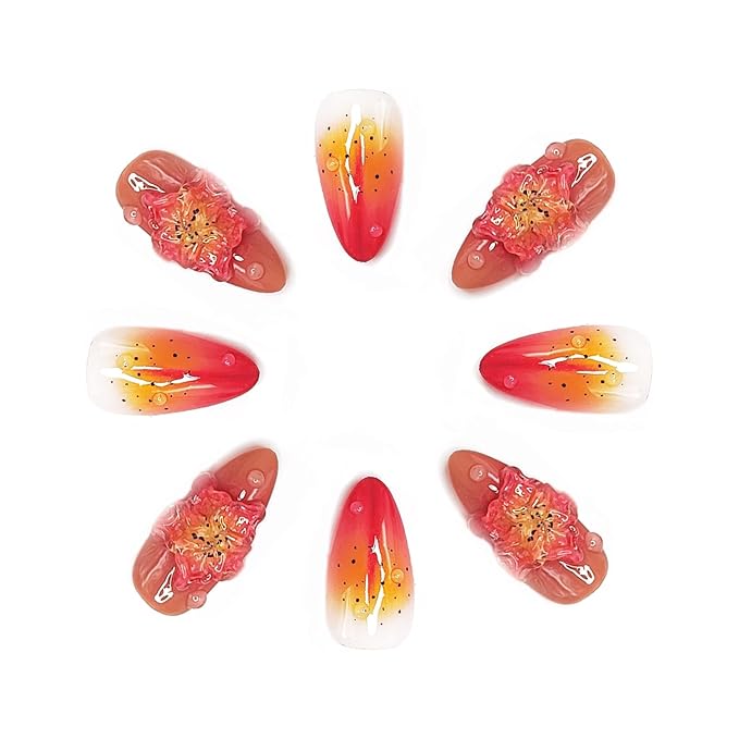 Gradient Medium Almond Press on Nails with 3D Pink Flower Embossed Fake Nails Muti-Layer Gel Handmade Press on Nails Thick Fake Nails Glossy Acrylic Nails for Women Nail Art Manicure (Size M)