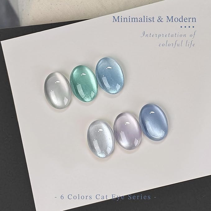 GAOY Cat Eye Gel Nail Polish Set with Magnet, 6Pcs Silver Blue Green Icy Summer Holographic Cat Eye, Reflective Translucent UV Gel, Sea Splash