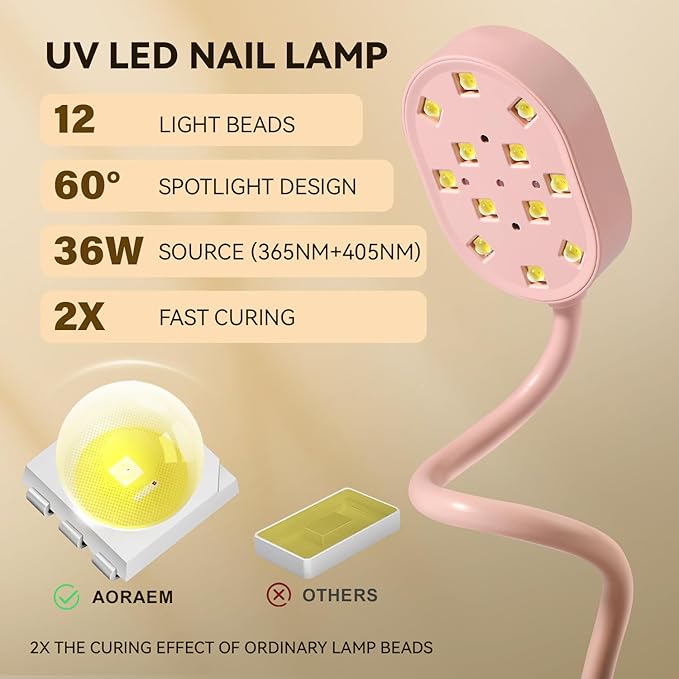 AORAEM UV Nail Lamp, Gooseneck Mini U V Light for Gel Nails, 36W Rechargeable LED Flash Cure Lamps with 4 Timers & Auto Sensor, Quick Dry Professional Nail Dryer for Salon Home DIY Use, Pink