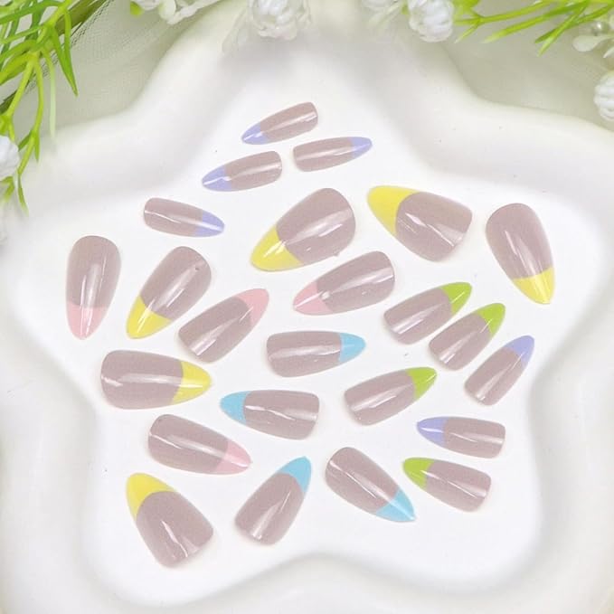 Short Press on Nails Almond Colorful French Tips Fake Nails with French Designs Glossy Glue on Nails Press ons Cute Acrylic Nail Pink Full Cover Artificial Stick on Nails for Women 24 Pcs