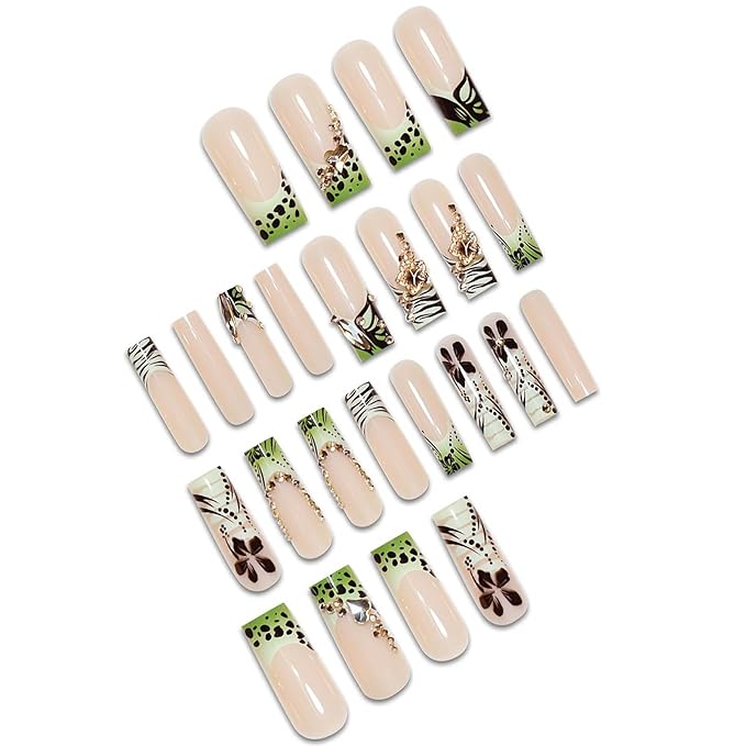 Long Press on Nails Square Green French Tip Fake Nails Nude Glossy Glue on Nail with Rhinestones Designs Acrylic Nails Press ons Long Square False Nails Stick on Nail for Women 24Pcs