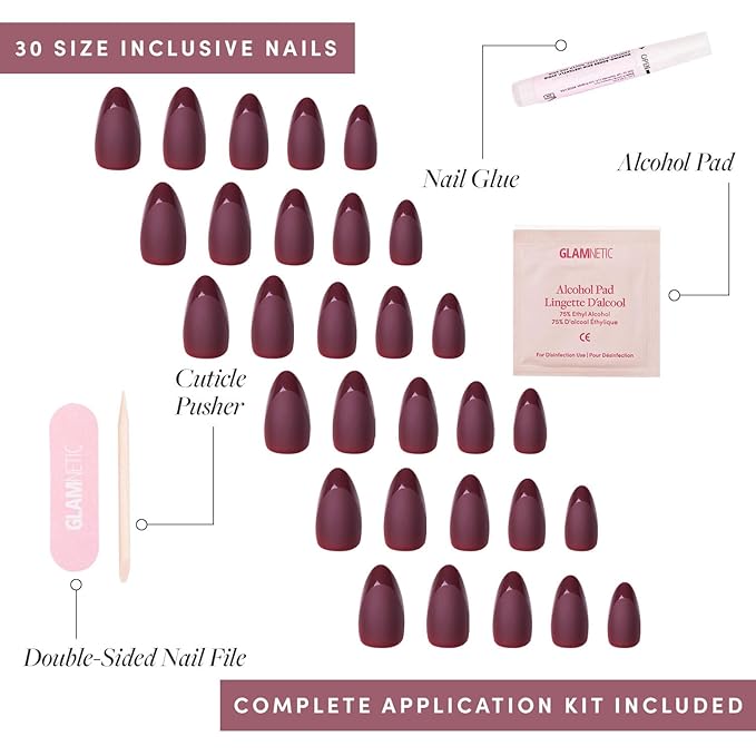 Glamnetic Press On Nails - Merlot Fake Nails | Matte Short Almond Dark Red Nails with Glossy French Tips | 15 Sizes - 30 Nail Kit with Glue