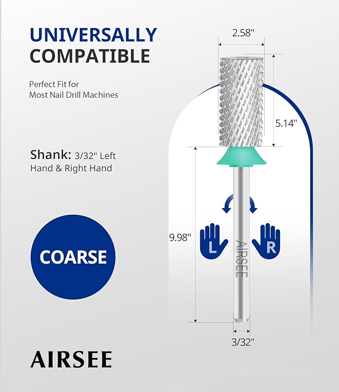 AIRSEE Tungsten Carbide Acrylic Nail Drill Bit Efile Electric File Machine Head Tip for Manicure Polishing Art Remove Gel 3/32" 2 Way Professional Tech Flat Top Cylinder Barrel Coarse-C