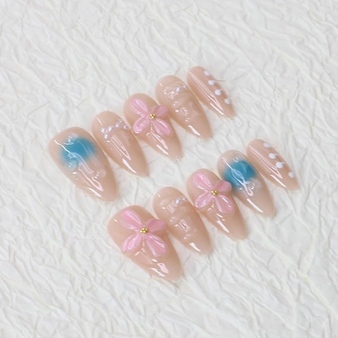 Handmade Press on Nails Medium Almond Nude Thick Fake Nails with Glue,3D Pink Flower Art False Nails with Design Reusable Nature Acrylic Nails for Wome (Size M)