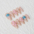 Handmade Press on Nails Medium Almond Nude Thick Fake Nails with Glue,3D Pink Flower Art False Nails with Design Reusable Nature Acrylic Nails for Wome (Size M)