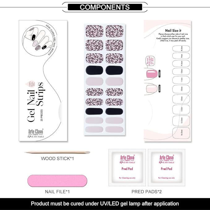Arte Clavo Semi Cured Gel Nail Strips, 20 Pcs Gel Nail Stickers with UV Light Required, Salon Quality, Long Lasting, Easy Apply and Remove (Pink Leopard)
