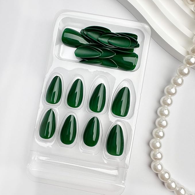 Green Press on Nails Short Almond Fake Nails Press ons False Nails Acrylic Glossy Full Cover Glue on Nail Artificial Stick on Nail for Women Christmas Spring Manicure 24 Pcs
