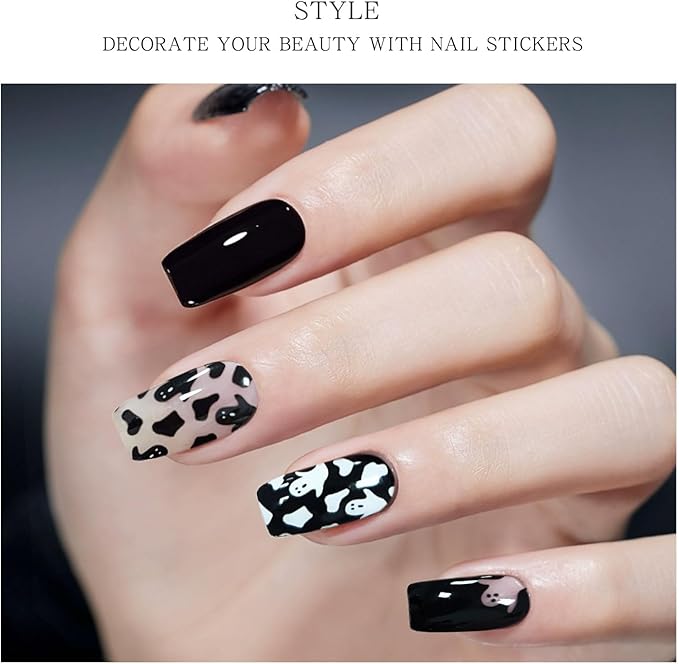 JMEOWIO Gel Nail Stickers Halloween Black White Cute Ghost Semi Cured Gel Nail Strips Wraps UV/LED Nails Art Design Decoration Accessories