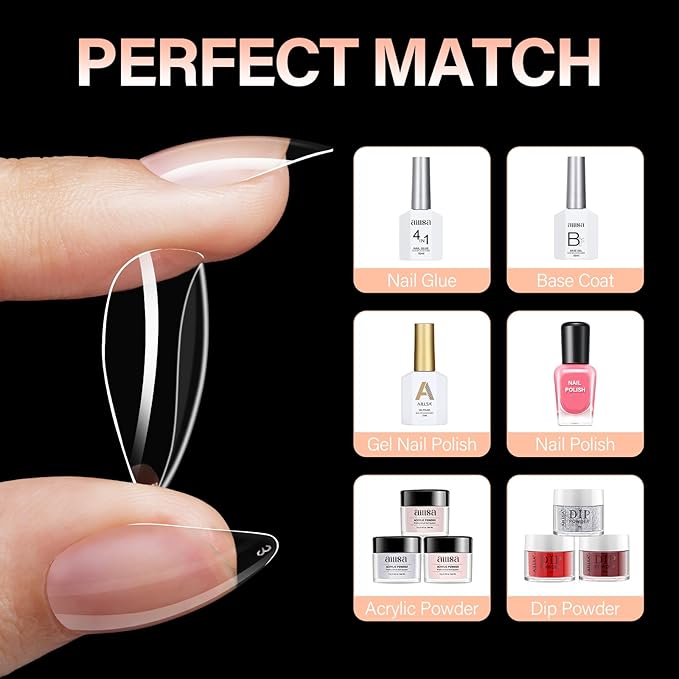 AILLSA Short Stiletto Nail Tips 504PCS Clear Full Cover Soft Nail Tips Gel Fake Nails Tips Preshaped Press on False Gelly Tips for Nail Extension DIY Home Salon Gift, 10 Sizes
