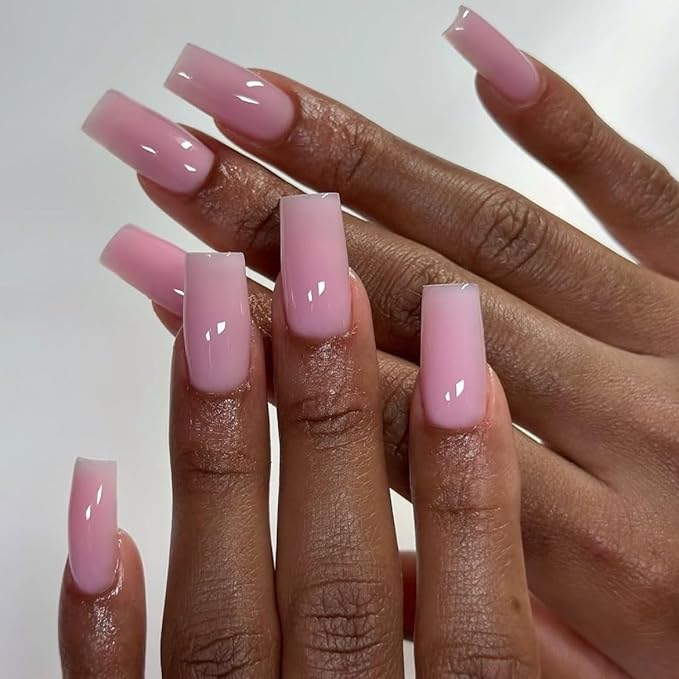 KQueenest Baby Pink Press on Nails Long Medium Square, Light Rose Pink Fake Nails Medium Coffin, Glossy Sheer Color Acrylic Nails Press ons, Reusable Bright Soft Gel Glue on Nails for Women Summer