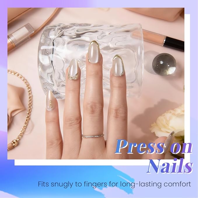evpct Nude Cat Eye Press on Nails Short Almond with Gold Liner Design, Gold French Tip Stick on Nail for Women Gift with Kit, Reusable Full Cover Soft Gel Press on Fake Nail with Cat Eye Design