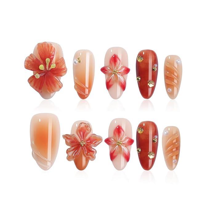 Handmade Press on Nails Medium Almond Glitter Fake Nails 3D Luxury Flower and Rhinestones Embossed Designs Handmade for Girls Manicure Art Decoration Accessories (Size M)