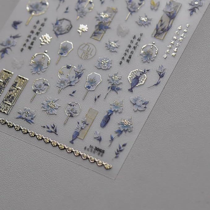 Antique Flower Nail Art Stickers 5D Nail Decals Self Adhsive Chinese Porcelain Style Orchid Flowers Sticker for Women Girls DIY Nails Manicure Salon (Flower)