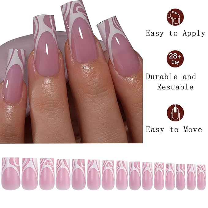 120 Pcs Medium Square Press on Nails French Tip Fake Nails with Irregular Stripe Design Full Cover Matte Stick on False Nails for Women 15 Sizes