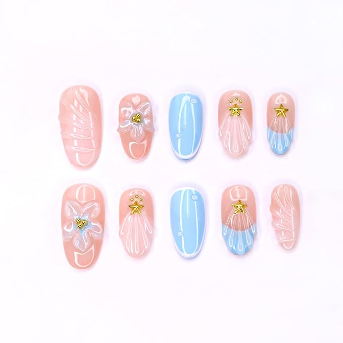 Flower Press on Nails Blue French Stick on Nails Short Almond Fake Nails Set Handmade 3D Flower Starfish Water Ripple Designs Thick Acrylic Nail Full Cover False Nail for Women (Size S)