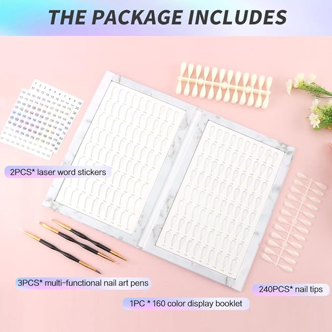 160 Nail Color Book, Professional Nail Color Display Book with 240 N-ail Tips & 1-200 Number Stickers Labels 3 Dual-Ended Nai-l Art Pen, Nai-l Salon Display Booklet(COLOR:White)