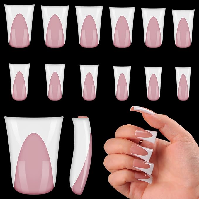 outopen 120pcs Duck Nail Tips Short Light Pink French Duck Tips Full Cover Fan Flare Duck Tips for Wide Press on Nail Crystal Duck Feet Nail Tips for Polygel Acrylic Extension, 12 Sizes