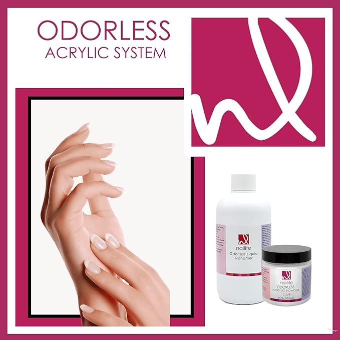 Odorless Liquid Monomer + Pink Acrylic Powder - Professional System for Nail Extension, Non-Yellowing Effect and EMA Formula – Kit 8 Oz.