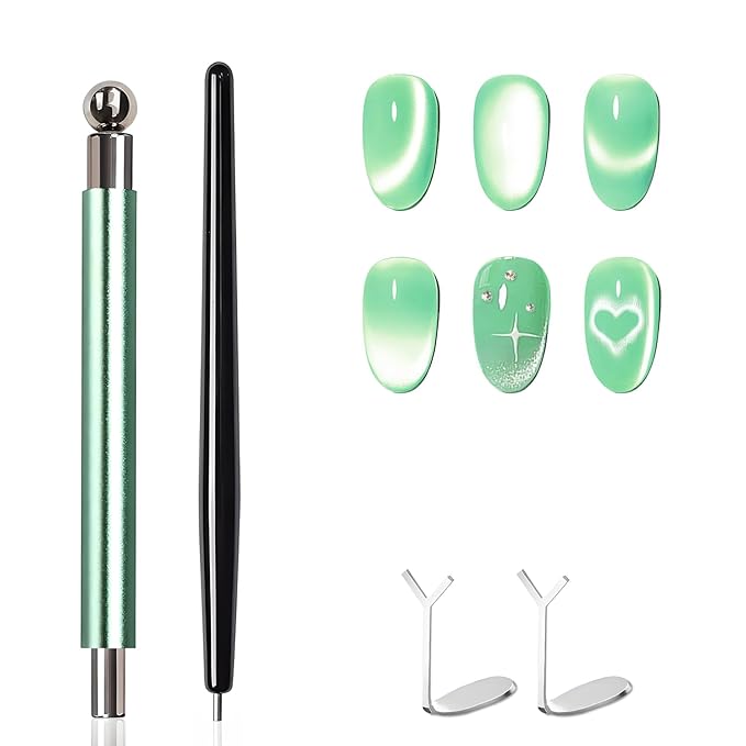 4-Piece Cat Eye Magnet Set – Green Dual-Ended Nail Magnet With Round Bead, Heart Nail Magnets for Nail Art, and Black Magnetic Bead-Pickup Pen, Magnet for Cat Eye Gel Polish DIY Nail Designs