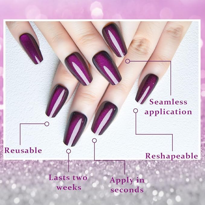 evpct Dark Purple Cat Eye Coffin Press on Nails Square Medium, Medium Square Stick on Nail for Women Gift, Dark Purple Metallic Glitter Glossy Reusable Soft Gel Press on Acrylic Fake Nail with Design