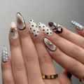 Flower Press on Nails Medium Almond Fake Nails Polka Dot Nails Press Ons Glossy Full Cover False Nails White Brown Glue on Nail DIY Acrylic Stick on Nail for Women Decoration Set 24Pcs