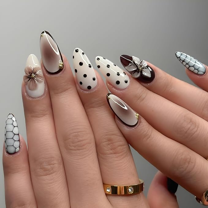 Flower Press on Nails Medium Almond Fake Nails Polka Dot Nails Press Ons Glossy Full Cover False Nails White Brown Glue on Nail DIY Acrylic Stick on Nail for Women Decoration Set 24Pcs
