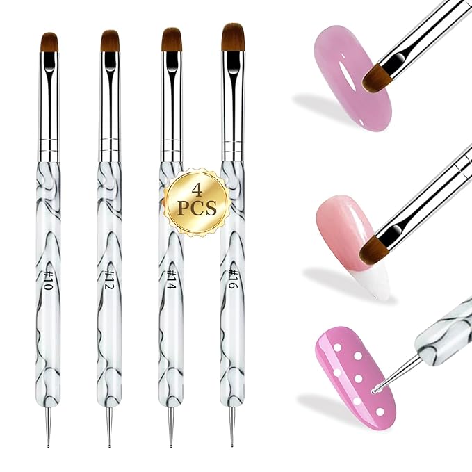 French Manicure Brush Set with Dotting Tools, Double-Ended Nail Art Brushes for Gel & Acrylic, Precision Clean Up & Detail Design, 4 Sizes (#10#12#14#16), NB128-White