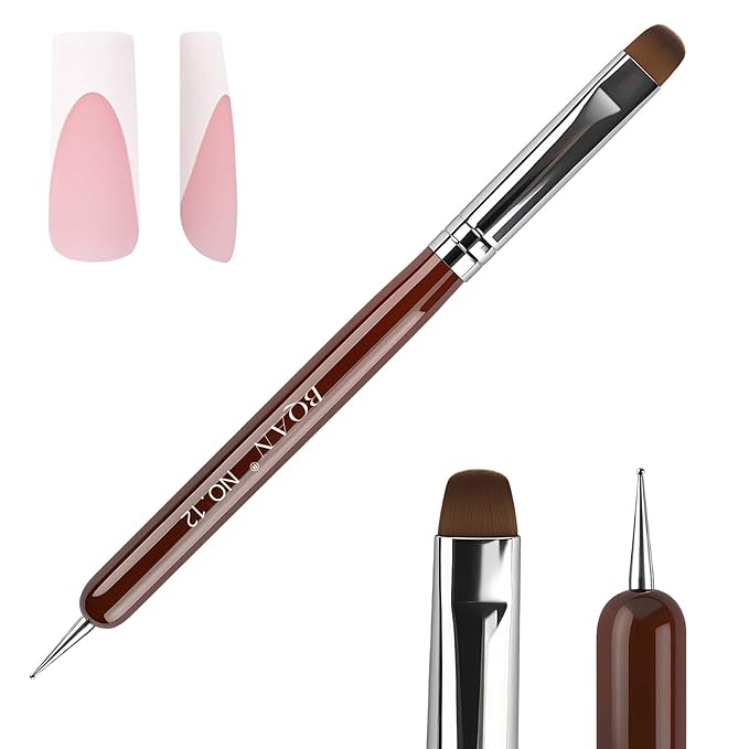 BQAN French Tip Brush Acrylic Nail Brush French Tip Clean up Brush 2 Way Nail Art Brushes with Dotting Tool for Nails Art Design Salon & Home Use (12#)