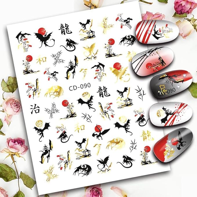 3D Gold Black Dragon Nail Stickers for Chinese New Year Dragon Nail Art Designs