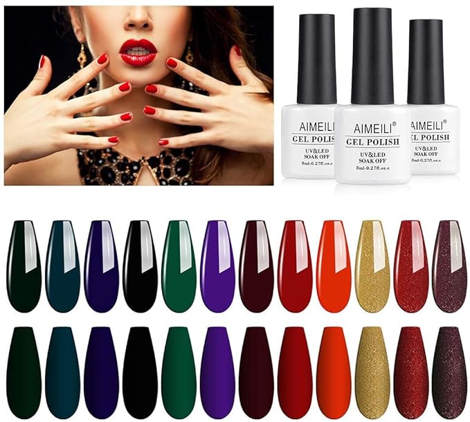 AIMEILI Hema Free Winter Gel Nail Polish Red Glitter Emerald Green Black Golden Cruelty Free Vegan Nail Polish Gel Gifts for Women, Set of 12pcs - Kit Set 5