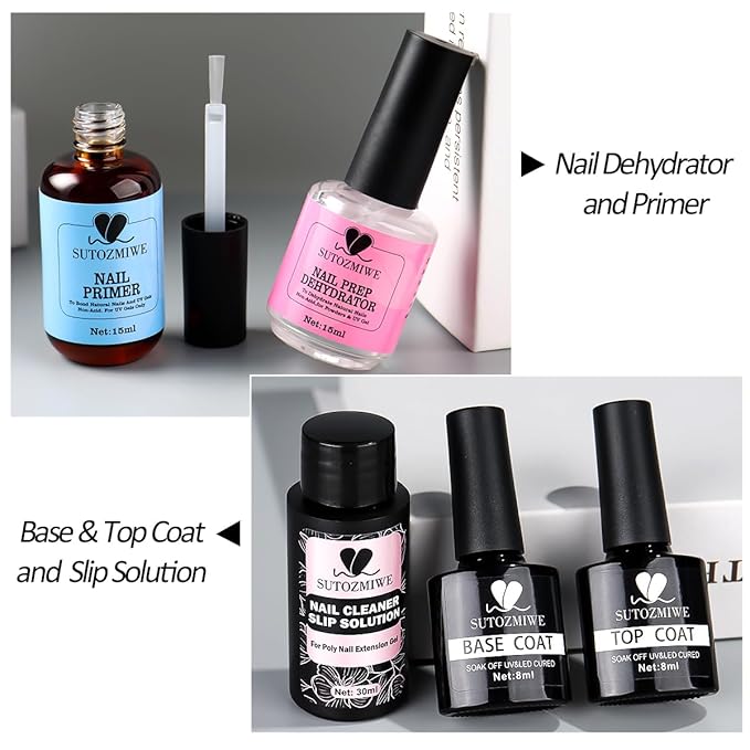 Nail Dehydrator and Primer with Base & Top Coat Gel Nail Polish,Slip Solution for Polygel Nails,Multi-Purpose Nail Cleanser,5PCS Nail Prep Kit for Home DIY Professional Manicure Nail Salon