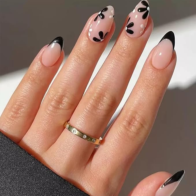 6 Packs (144 Pcs) Flower Press on Nails Medium Almond Fake Nails French Tip False Nails with Designs Spring Summer Floral Glue on Nail Full Cover Glossy Acrylic Stick on Nail for Women Manicure