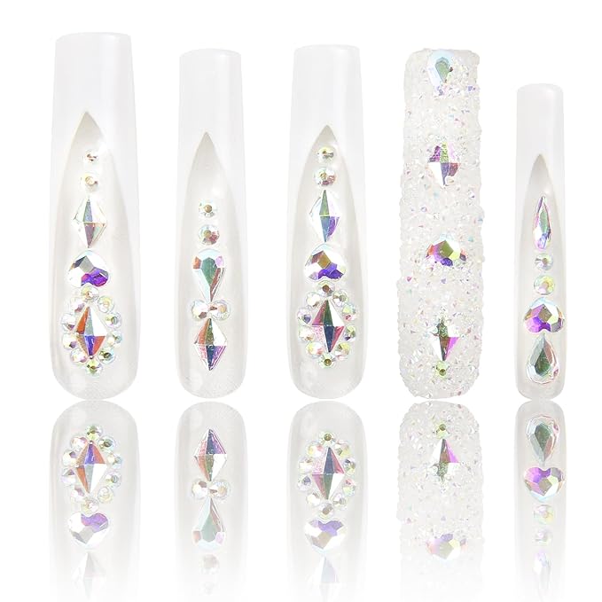 LOVFUL Press on Nails Candy Diamonds & White French Tip | Luxury Spring French Tip Glossy Press On Nails with Bling | Square Long 2.2 in | H36 (L)