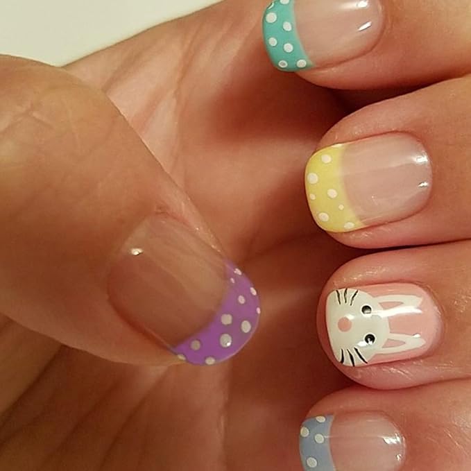 Easter Press on Nails Pastel French Tip Fake Nails Short Square Nails Press ons with Bunny Polka Dots Designs Full Cover Glue on Nail Artificial Stick on Nails for Women Manicure 24Pcs
