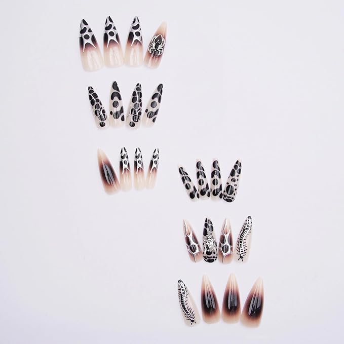 MISUD Press on Nails - Long Stiletto Fake Nails with Goth Black Silver, Acrylic Gothic Y2K Chain Design 24 pcs