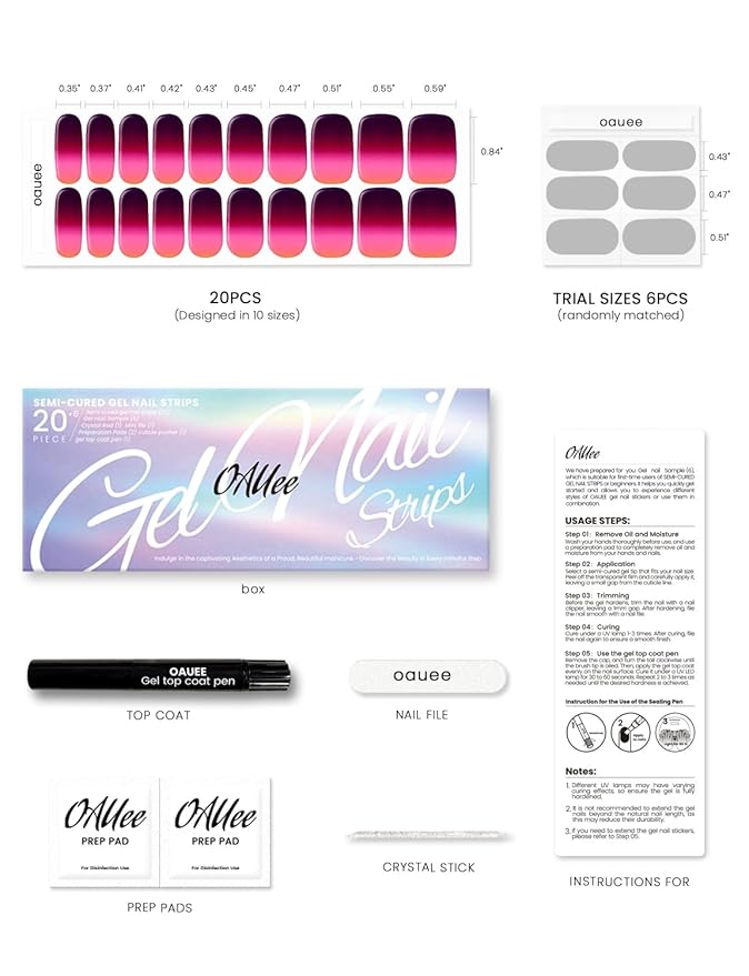 Semi Cured Gel Nail Strips | Built-In Gel Top Coat | UV Light Required | Salon Quality, Easy Application And Removal (Ethereal Fuchsia）