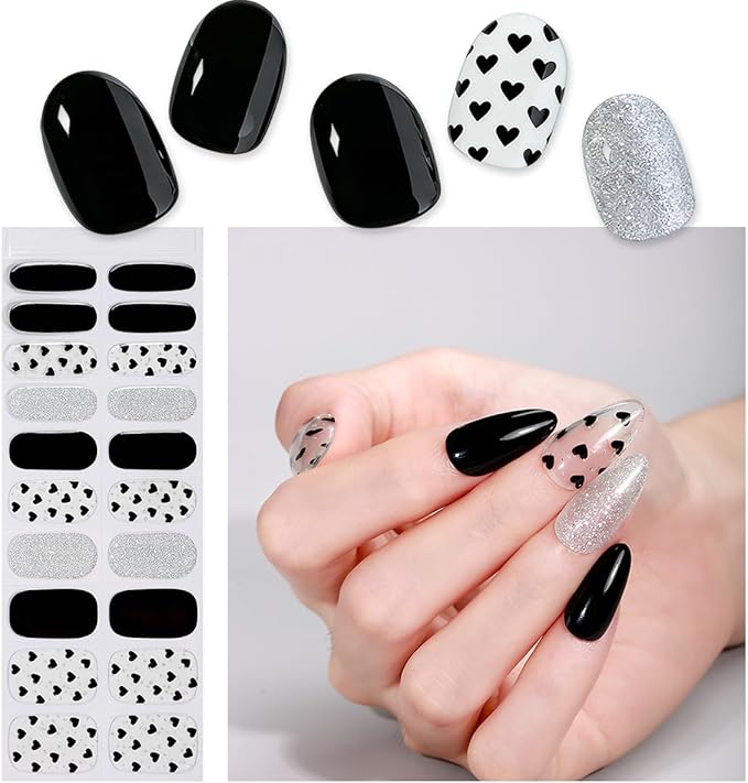 Valentine Day Semi Cured Gel Nail Strips 20Pcs Love Heart Gel Nail Stickers for Nail Art Black Heart with Silver Glitter Design Dark Black Full Wrap Gel Nail Strips Sticker UV Light for Manicure Salon
