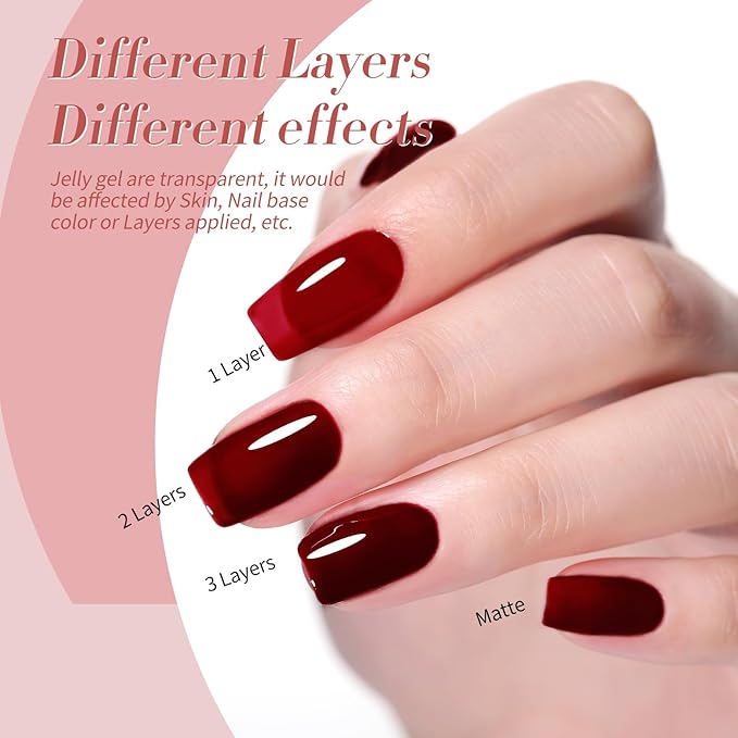 Born Pretty Jelly Nude Pink Gel Nail Polish Red Burgundy Blood Wine Red Valentine's Day Gel Polish Sheer Transparent Gel Polish Kit Wild Rose for Salon Manicure and Nail Art DIY at Home 6Colors
