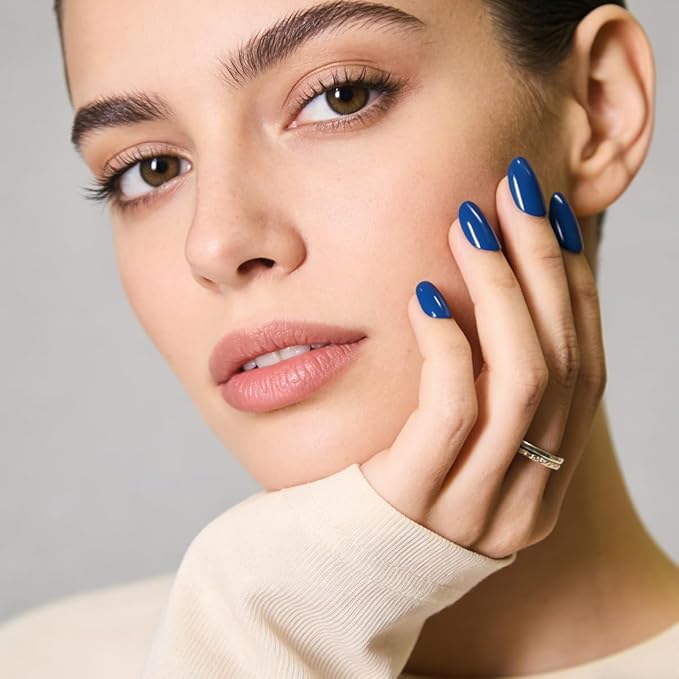 Dark Blue Press on Nails Almond Medium, Navy Blue Nails Press On with Nail Glue, Natural Soft Gel Nail Kit, Natural Reusable Glue On Nails in 15 Sizes 30 Fake Nails Kit