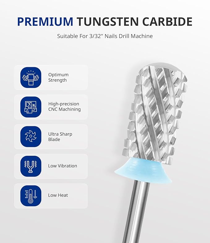 AIRSEE Tungsten Carbide Acrylic Nail Drill Bit Efile Electric File Machine Head Tip for Manicure Polishing Art Remove Gel 3/32" 2 Way Beginner Safety Round Top Cylinder Barrel 4X Coarse-4XC