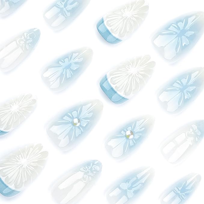 Medium Press on Nails Almond Fake Nails with 3D Lemon Design Blue Ombre Full Cover Stick on False Nails for Women Manicure 24Pcs