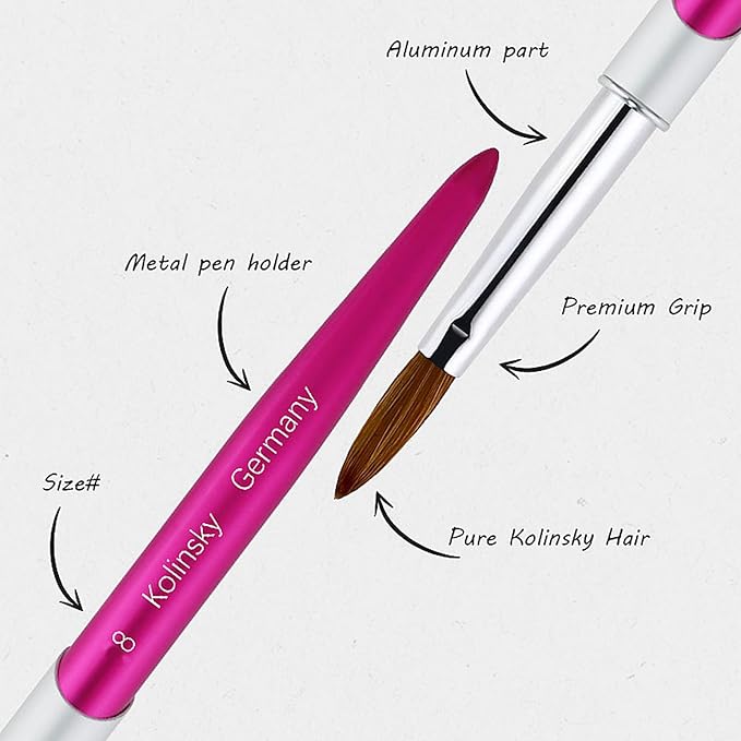 Acrylic Nail Brush Size 8#, 100% Pure Kolinsky Hair Acrylic Crystal Hot Red Pink with Silver Ferrule Round Shaped for Women Girls Manicure Tools Accessories