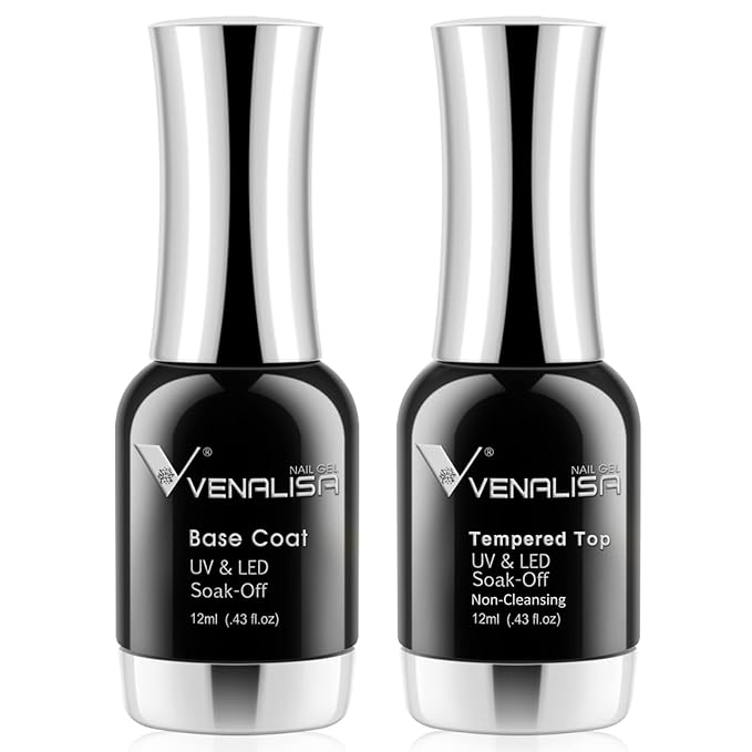 VENALISA 2 Pcs No Wipe Tempered Gel Top Coat and Base Coat Set Gel Nail Polish, Soak Off UV LED Nail Gel Polish Nail Art Starter Manicure Salon DIY at Home