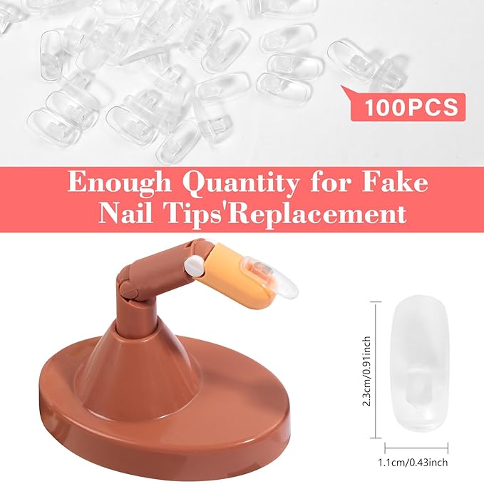 Practice Fingers for Acrylic Nails, Flexible Movable Fake Finger to Practice Fake Nails, 3PCS Adjustable Nail Finger Practice with 1PC Brown Acrylic Finger Base, 100PCS Clear Nail Tips With Box