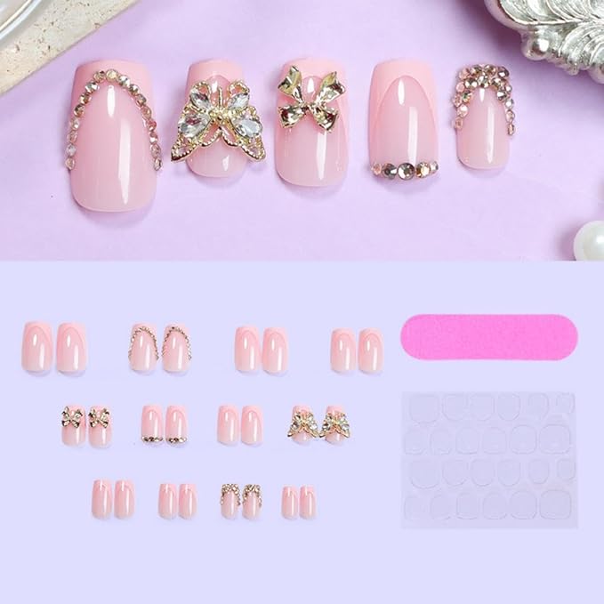 Butterfly Press on Nails - Short Square Fake Nails - Pink French tips Glue on Nails Gold Bow Rhinestone Stick on Nail Glossy Reusable False Nail for Women Manicure 24pcs