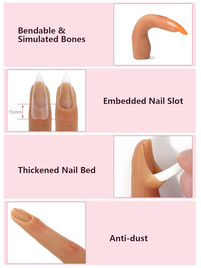 2 Pieces Silicone Practice Fingers for Acrylic Nails, Fake Training Hand Finger Model Flexible Bendable Mannequin Finger, Soft Realistic Joint Nail Practice Fingers with Makeup for Nail Art (Color 4)