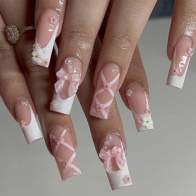 Press on Nails Medium Long Rhinestone Pink Fake Nails Square Bling Glossy 3D False Nail Tips Artificial Nails Finger Manicure for Women and Girls-24pcs