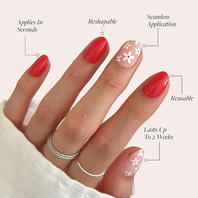 Valentines Day Glamnetic Press On Nails - Red Blossom | Glossy and Matte Short Oval Nails with Floral Accents, Salon Quality | 15 Sizes - 30 Nail Kit with Glue